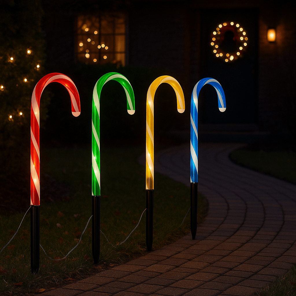 Red, green, yellow, and blue candy cane pathway lights brightening a garden walkway