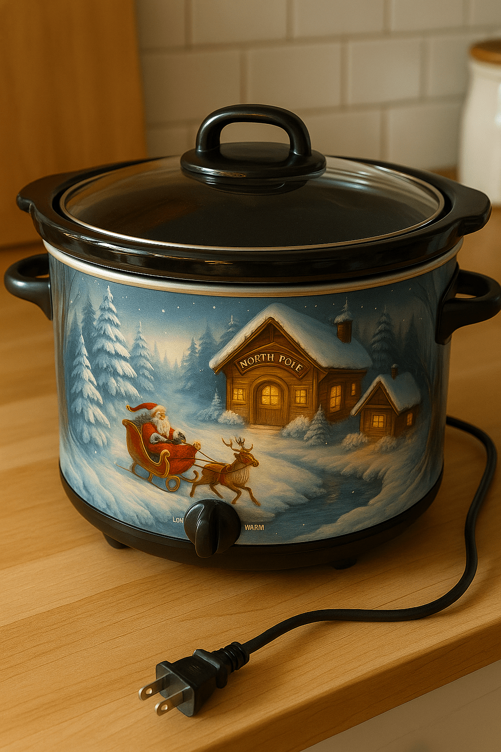 Festive slow cooker with Santa in his sleigh approaching the North Pole cabin in a snowy winter scene.