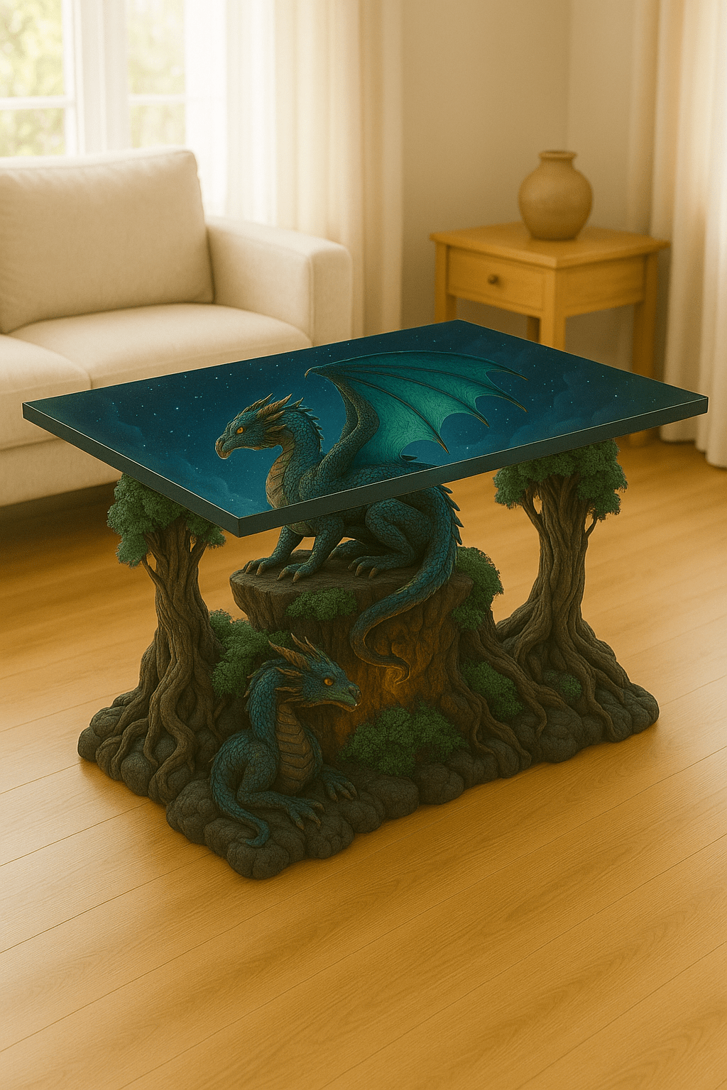 Blue-green dragon table surrounded by tree roots and moss detailing