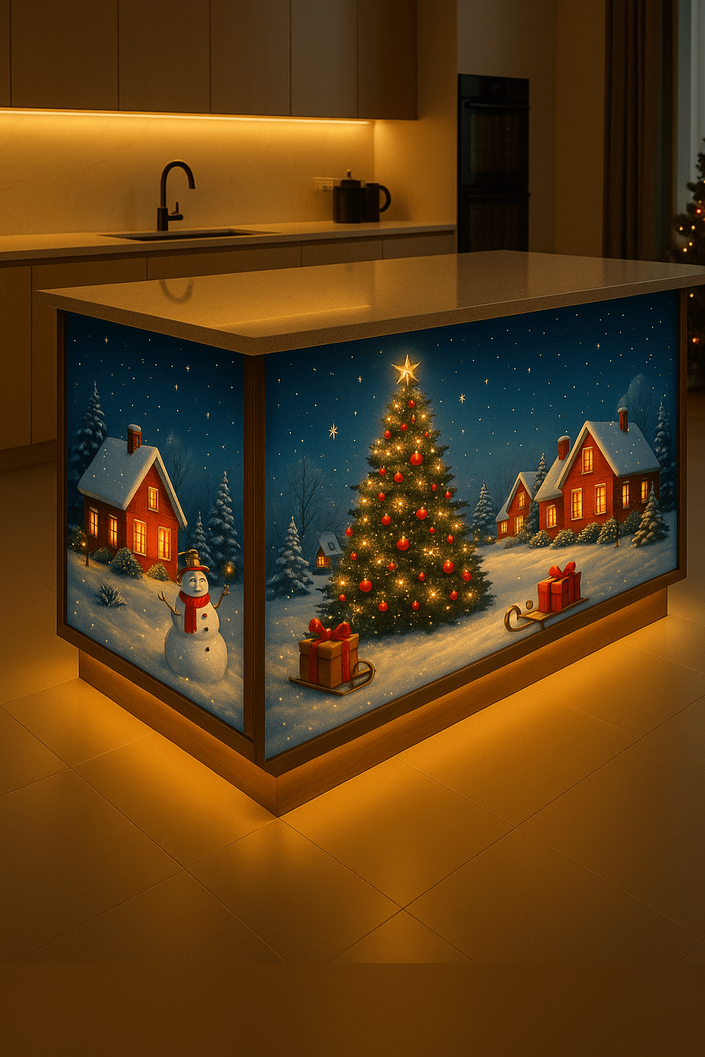 Festive kitchen island with a Christmas tree, gifts, snowman, and warm-lit cottages beneath a starry sky.