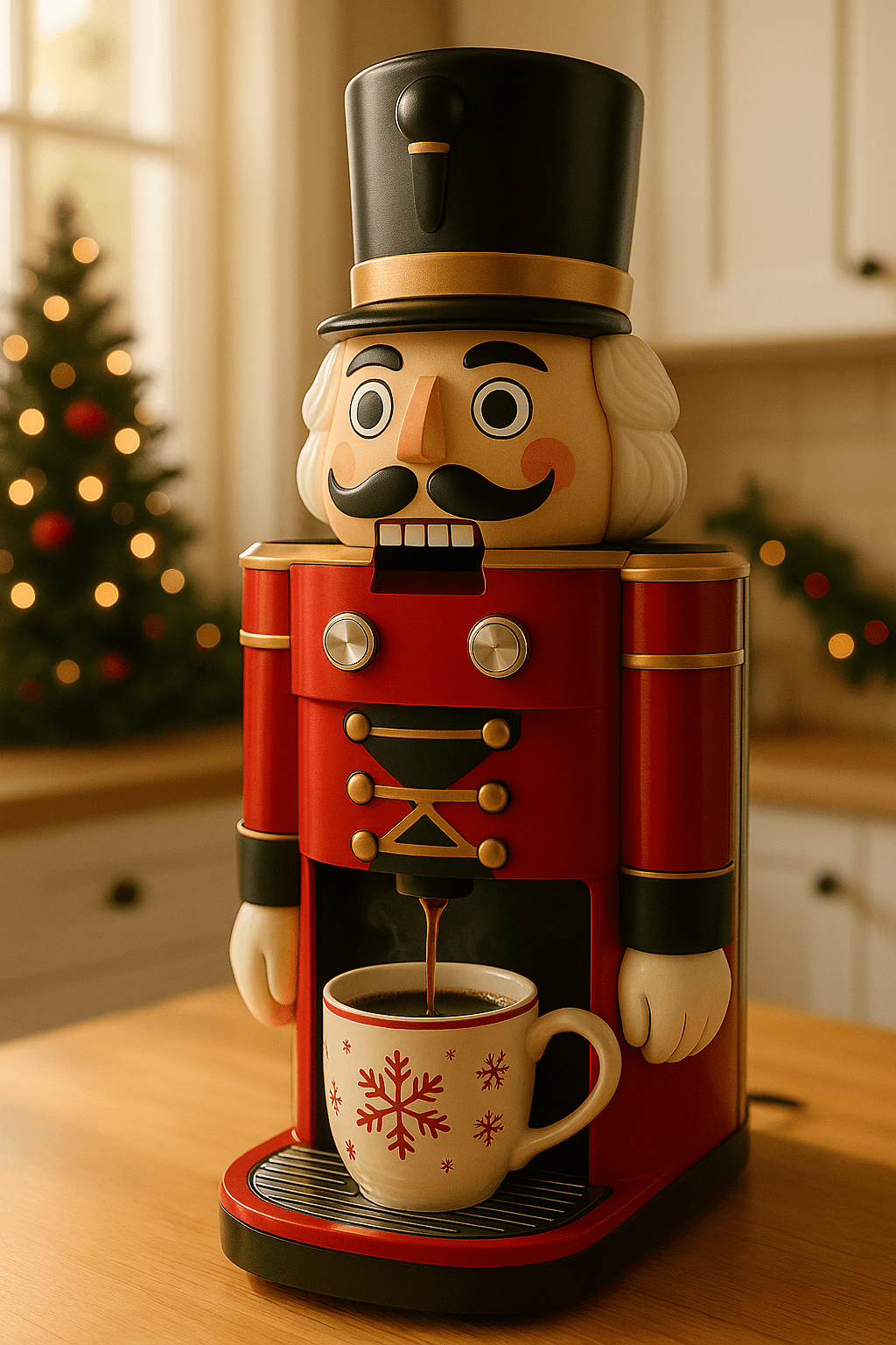 Red Nutcracker Coffee Machine making coffee into a snowflake mug in a festive kitchen