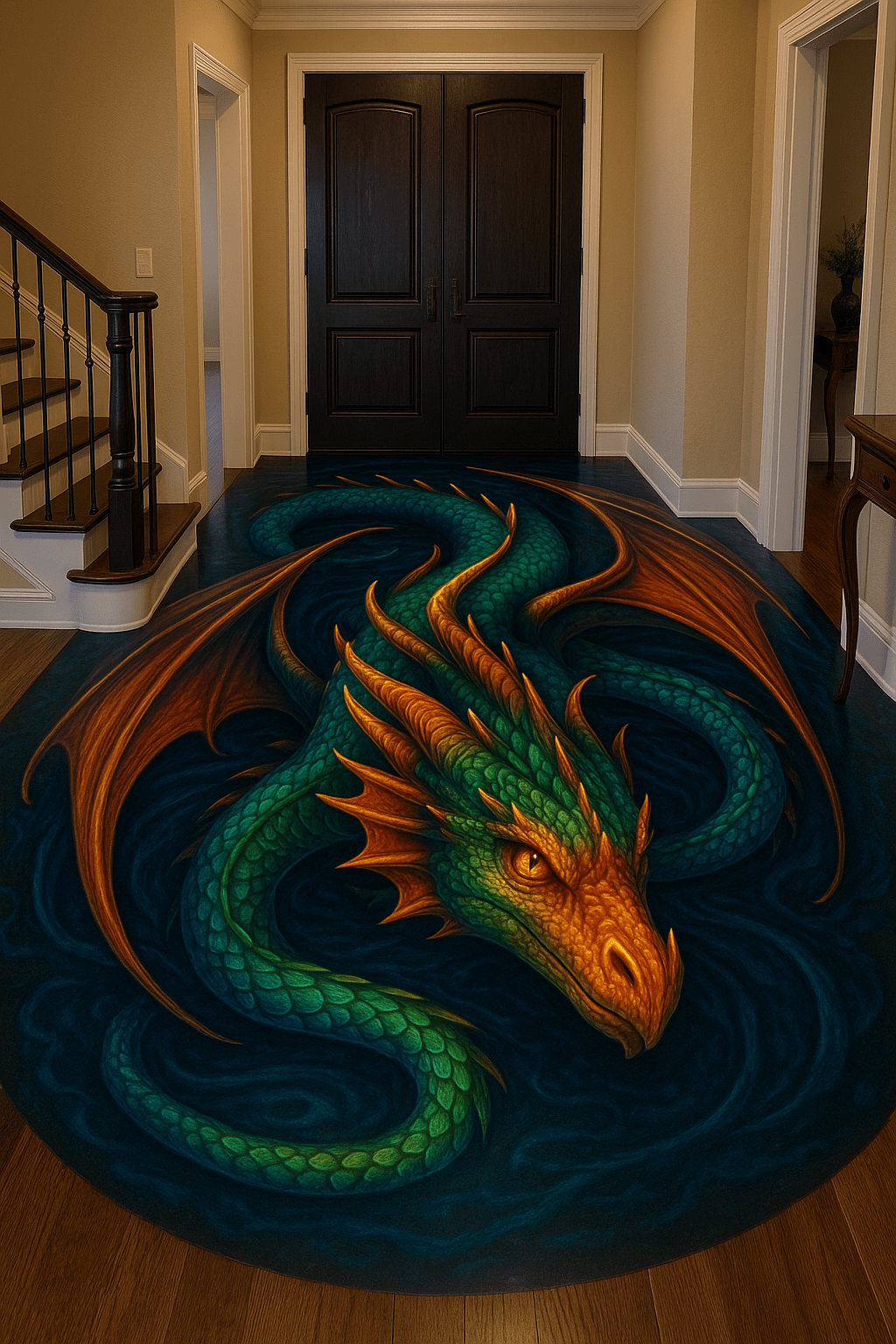 Green dragon floor design with amber highlights in a home entrance hall.