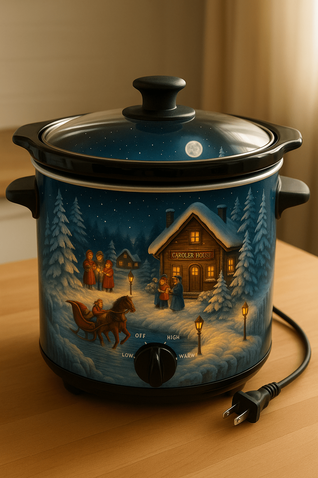Decorative slow cooker featuring carol singers, a horse-drawn sleigh and a glowing wooden lodge in a snowy landscape.