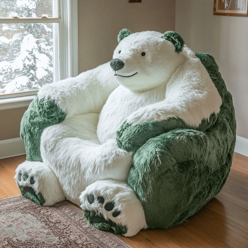 Large green and white plush polar bear armchair in a cosy winter living room.