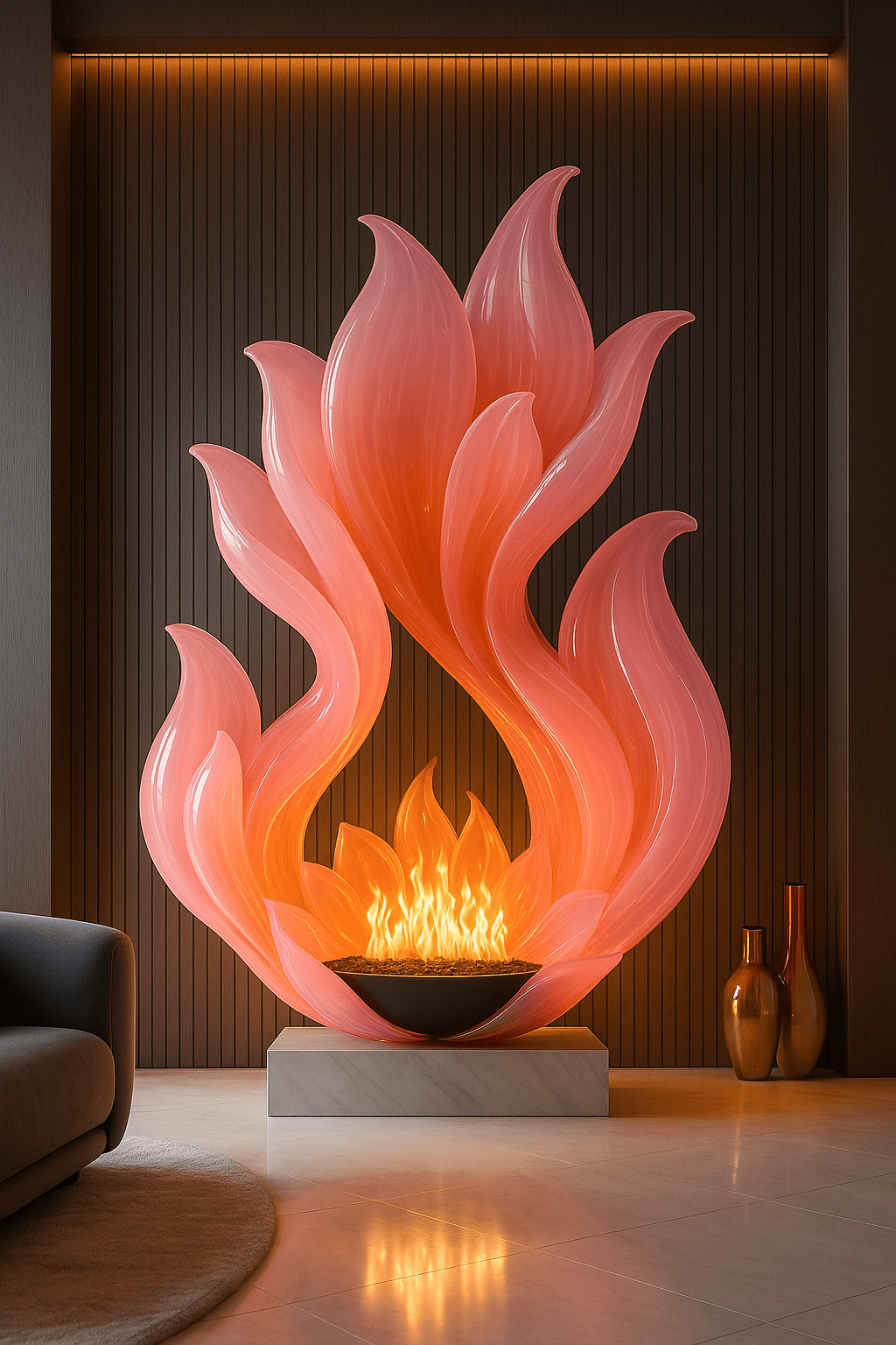 Coral pink flame-inspired sculpture fireplace with glowing fire feature