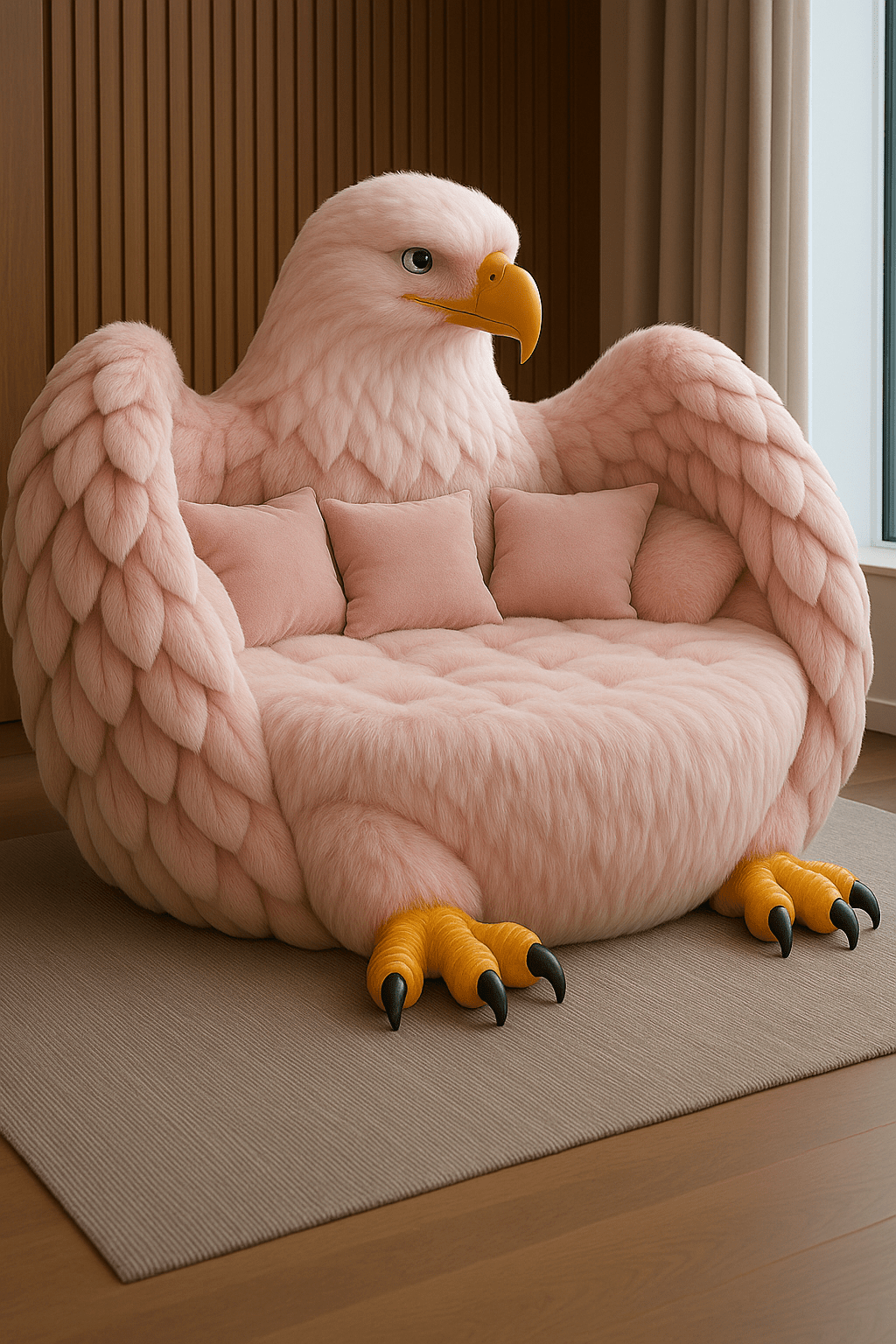 Pink eagle-inspired armchair with delicate feather detailing and cosy seating design