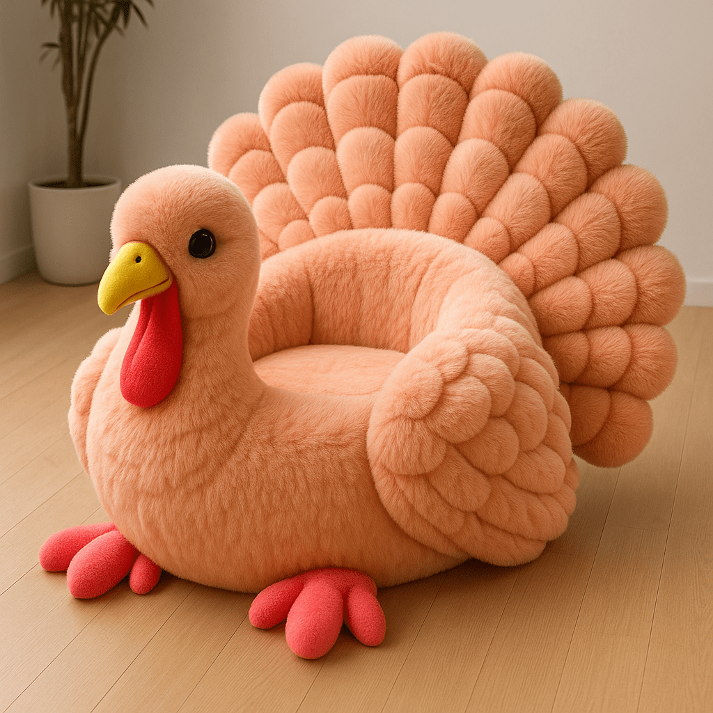 Soft peach turkey armchair with coral accents and plush feather-inspired texture