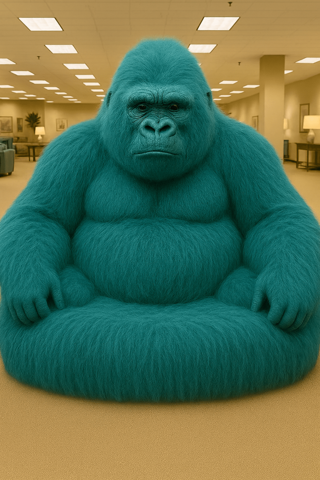 Teal blue oversized gorilla lounger chair with soft plush upholstery