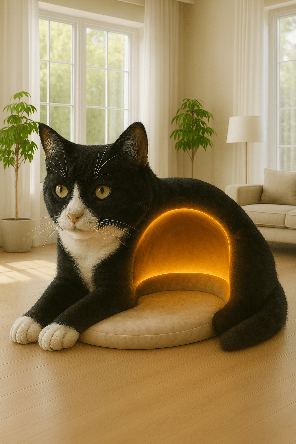 Black and white tuxedo cat-shaped cave bed featuring a warm illuminated arch in a bright living room.