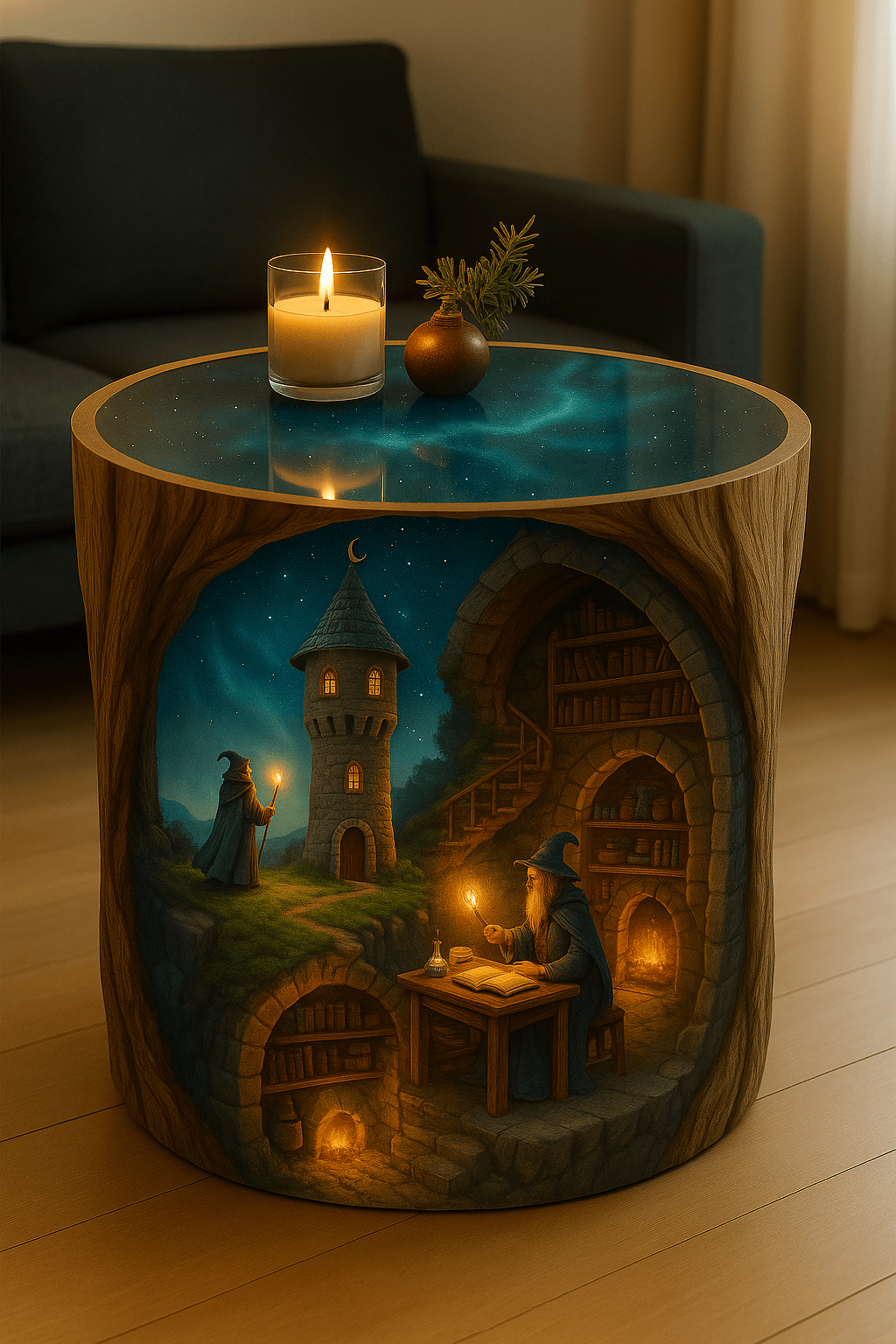 Detailed carved table showing a wizard tower above a warm underground library with a wizard reading inside.