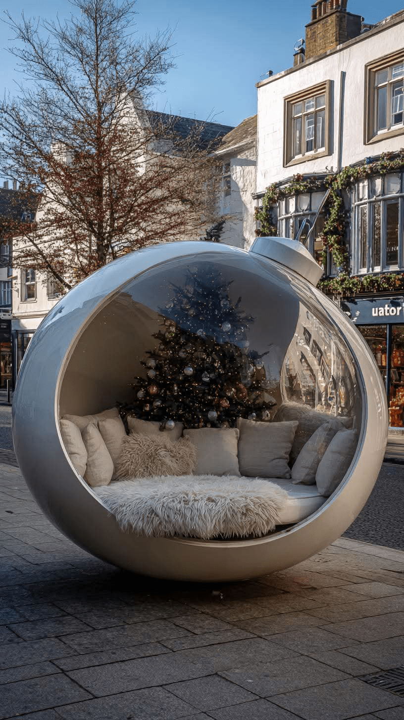 White Christmas bauble seating pod with plush faux-fur cushions and a decorated tree inside.

