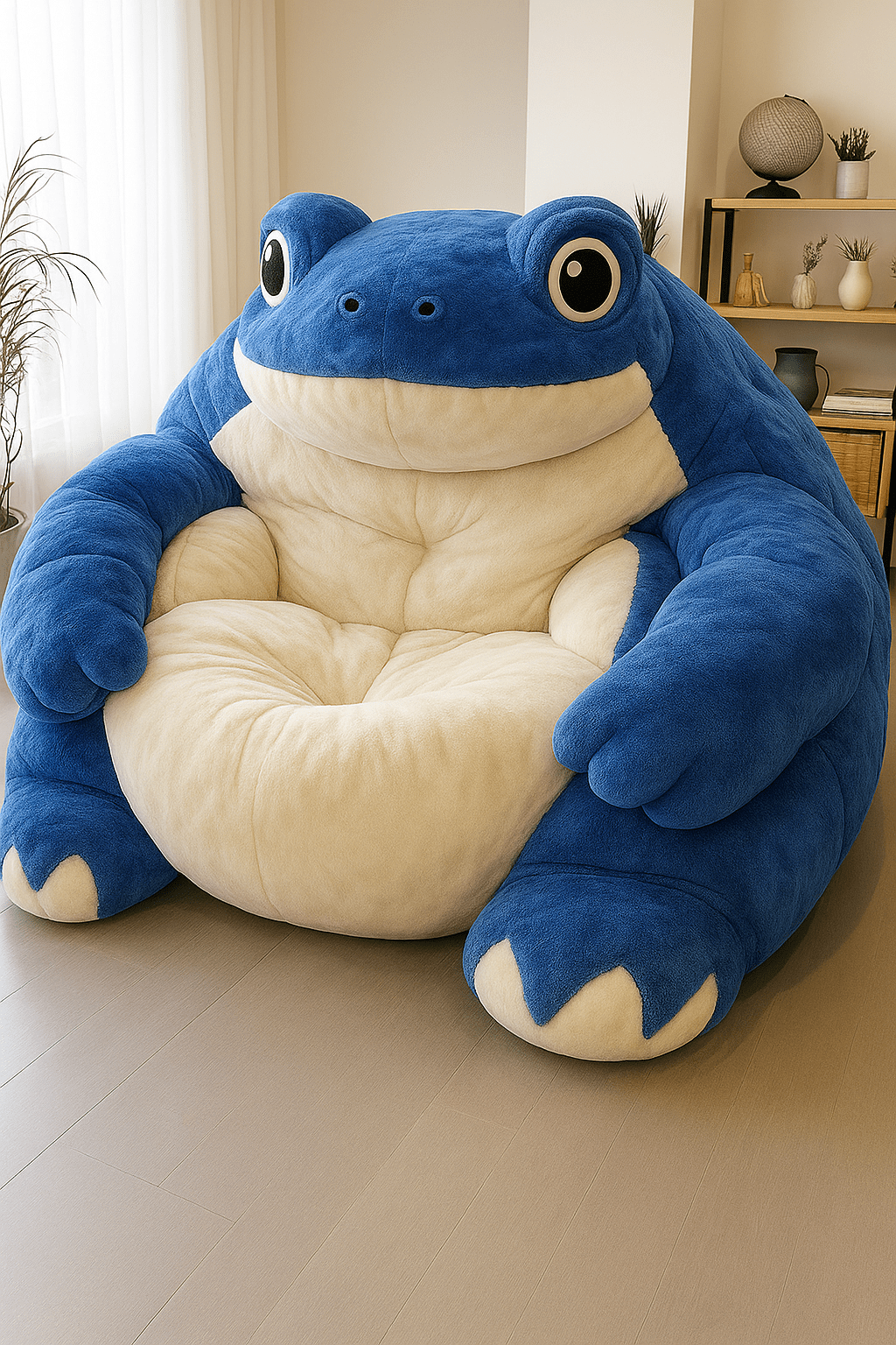 Blue oversized plush frog lounger chair with cream belly in a minimalist living room