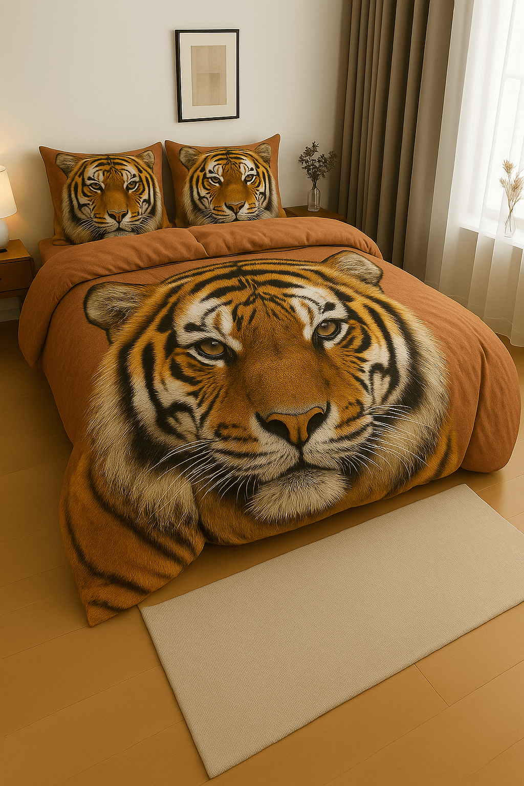 Photorealistic tiger bedding set with matching pillows in a warm-toned modern bedroom