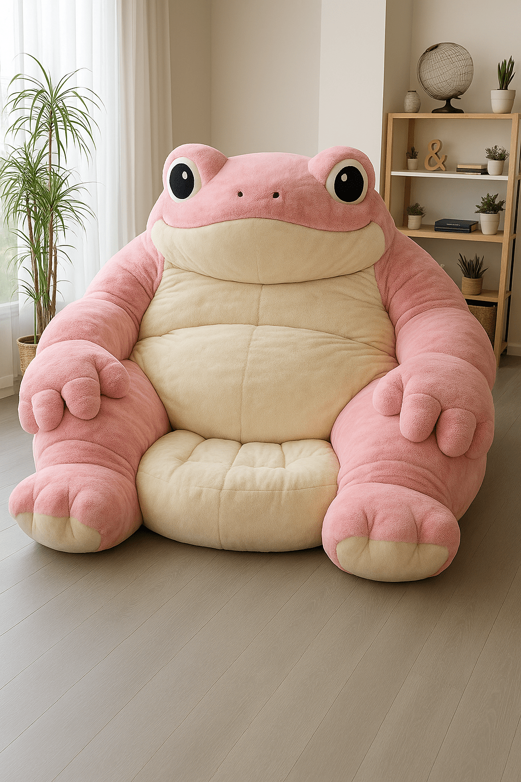 Pink oversized frog lounger chair with soft cream seat in a neutral interior