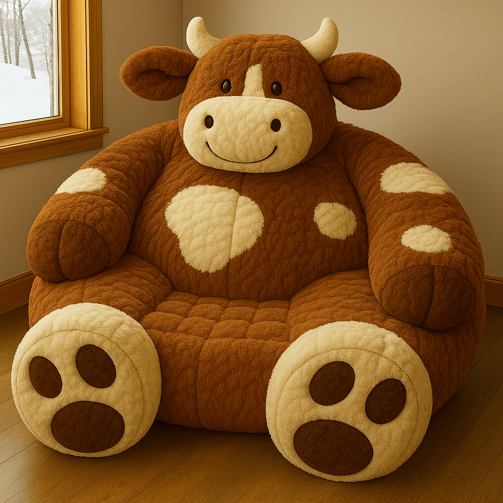 Oversized plush brown cow chair in a cosy modern living room