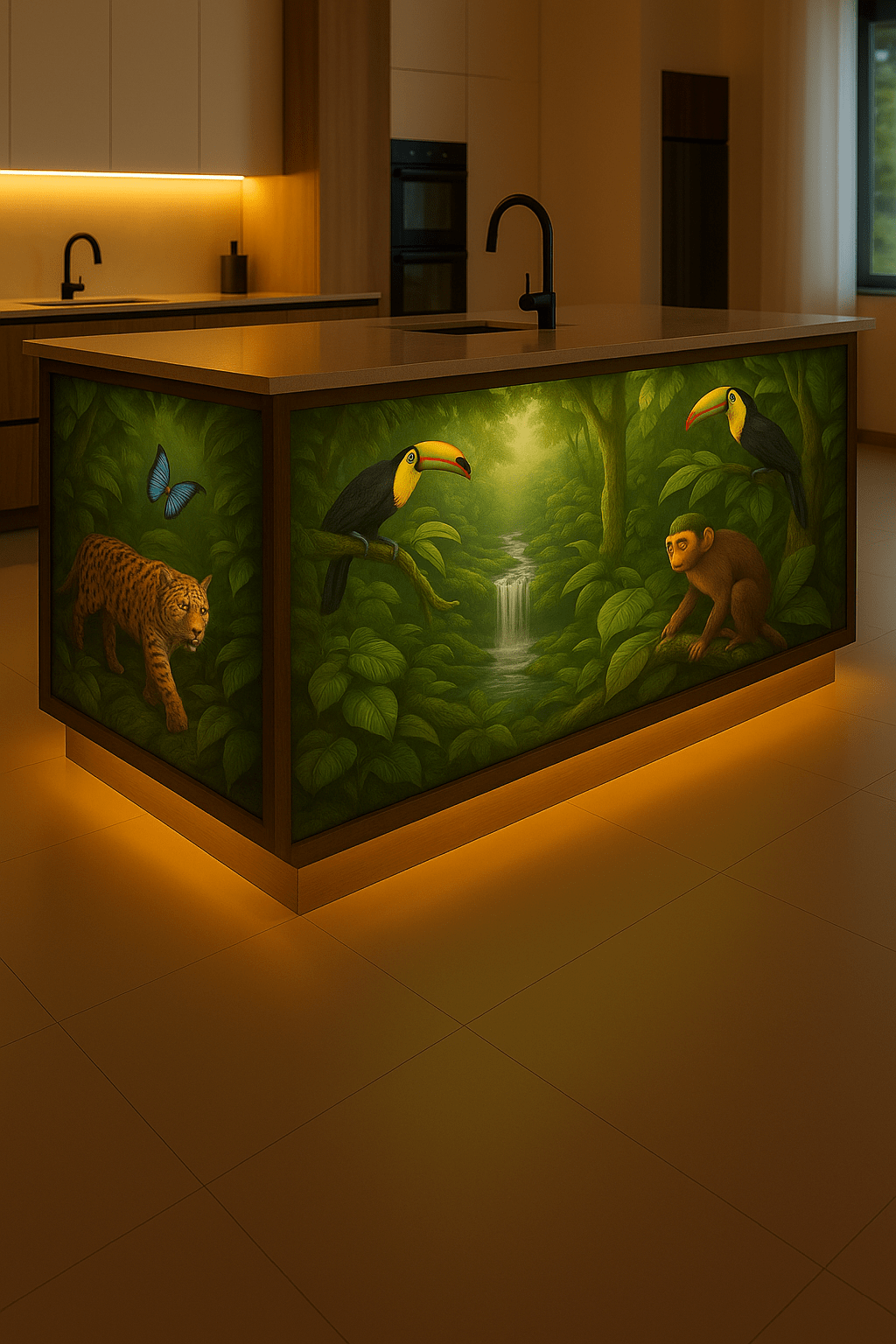 Kitchen island featuring toucans, monkey, ocelot, and butterfly in rainforest setting