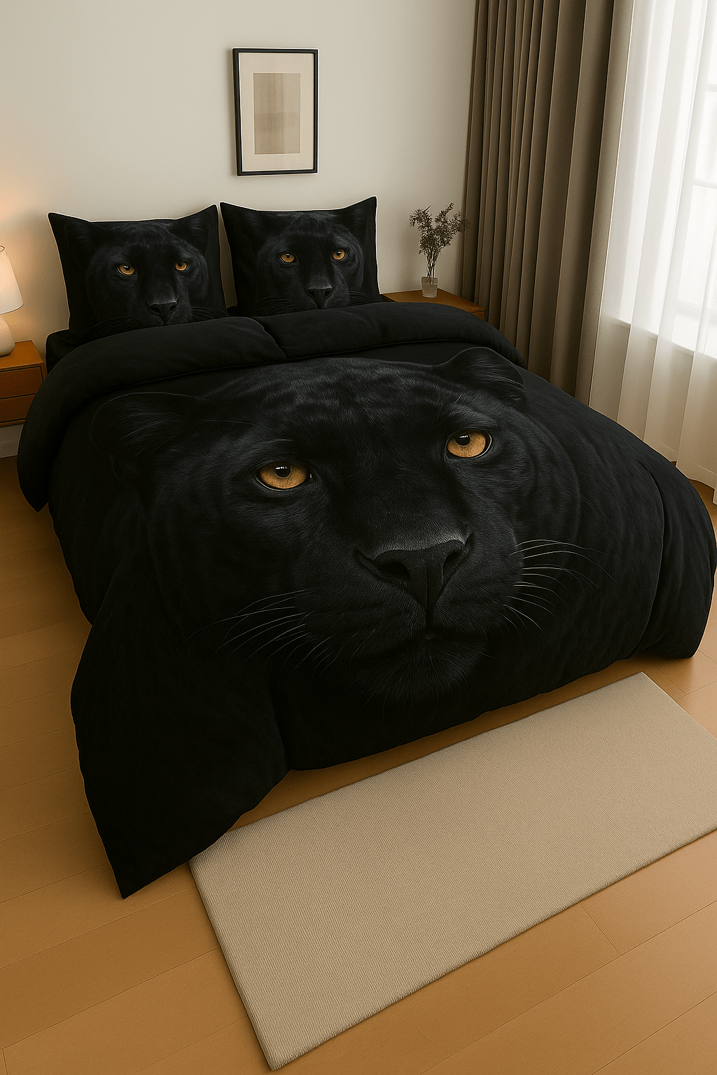 Realistic black panther bedding with golden eyes in a dark, modern bedroom
