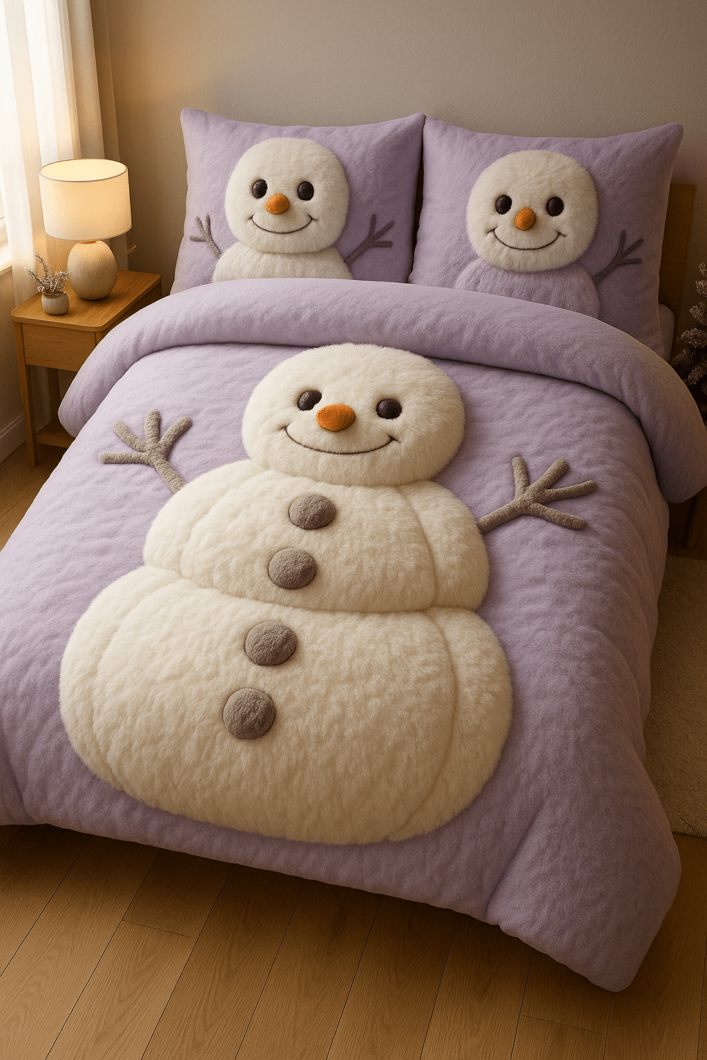 Plush lavender bedding with a sculpted cream snowman design and coordinating snowman pillowcases.