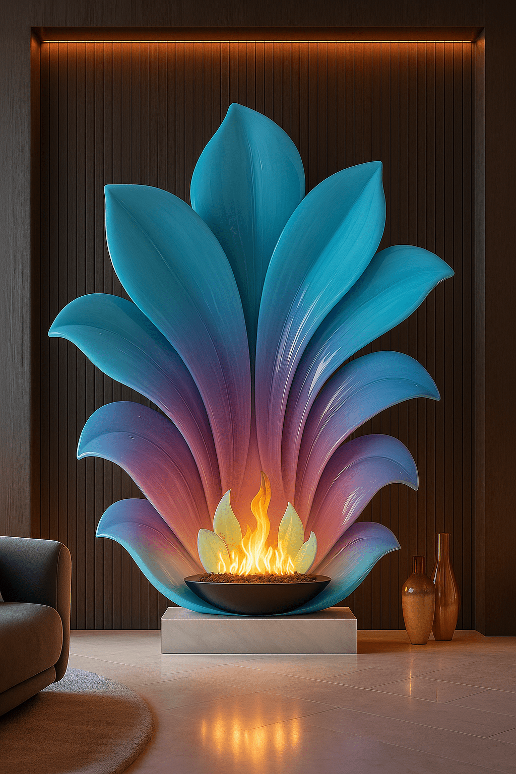 Teal and violet gradient flame sculpture fireplace with modern interior backdrop