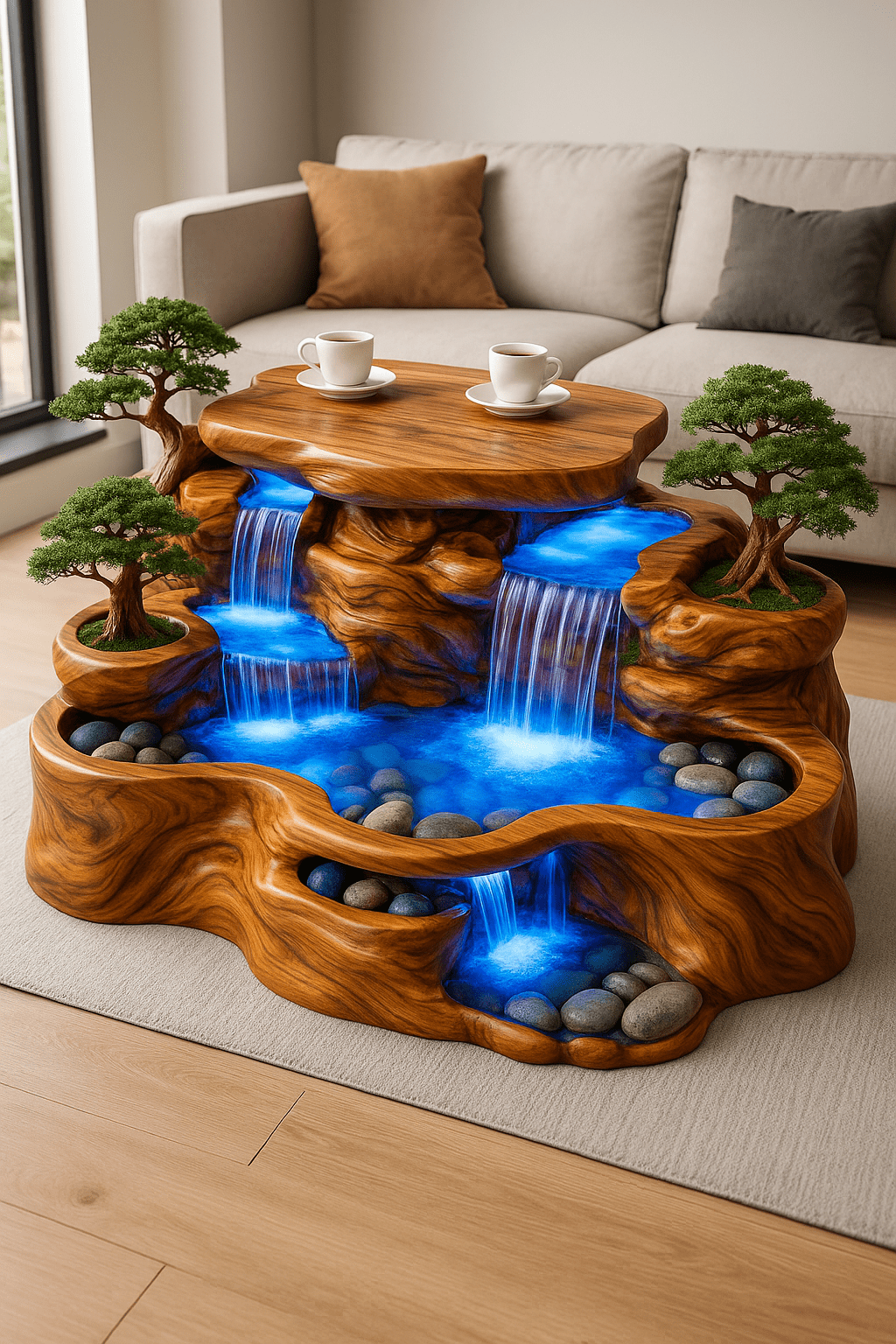 Tiered waterfall coffee table with illuminated water cascades, stone pools and miniature bonsai trees