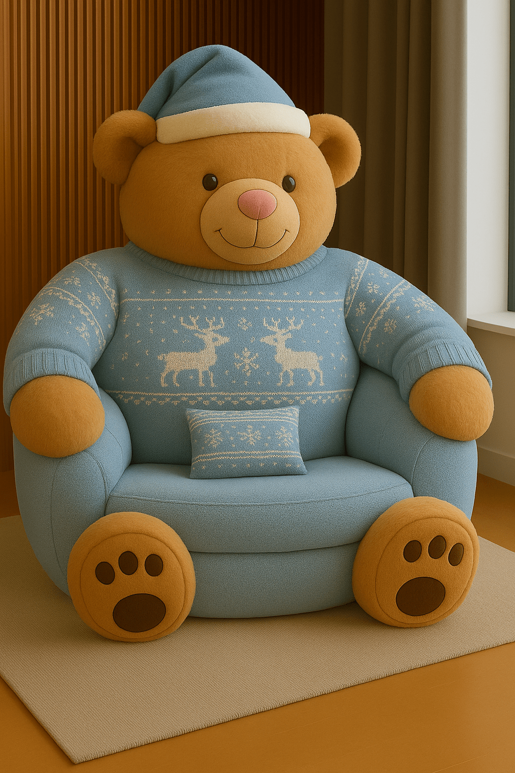 Blue teddy bear armchair with snowflake jumper and Santa hat