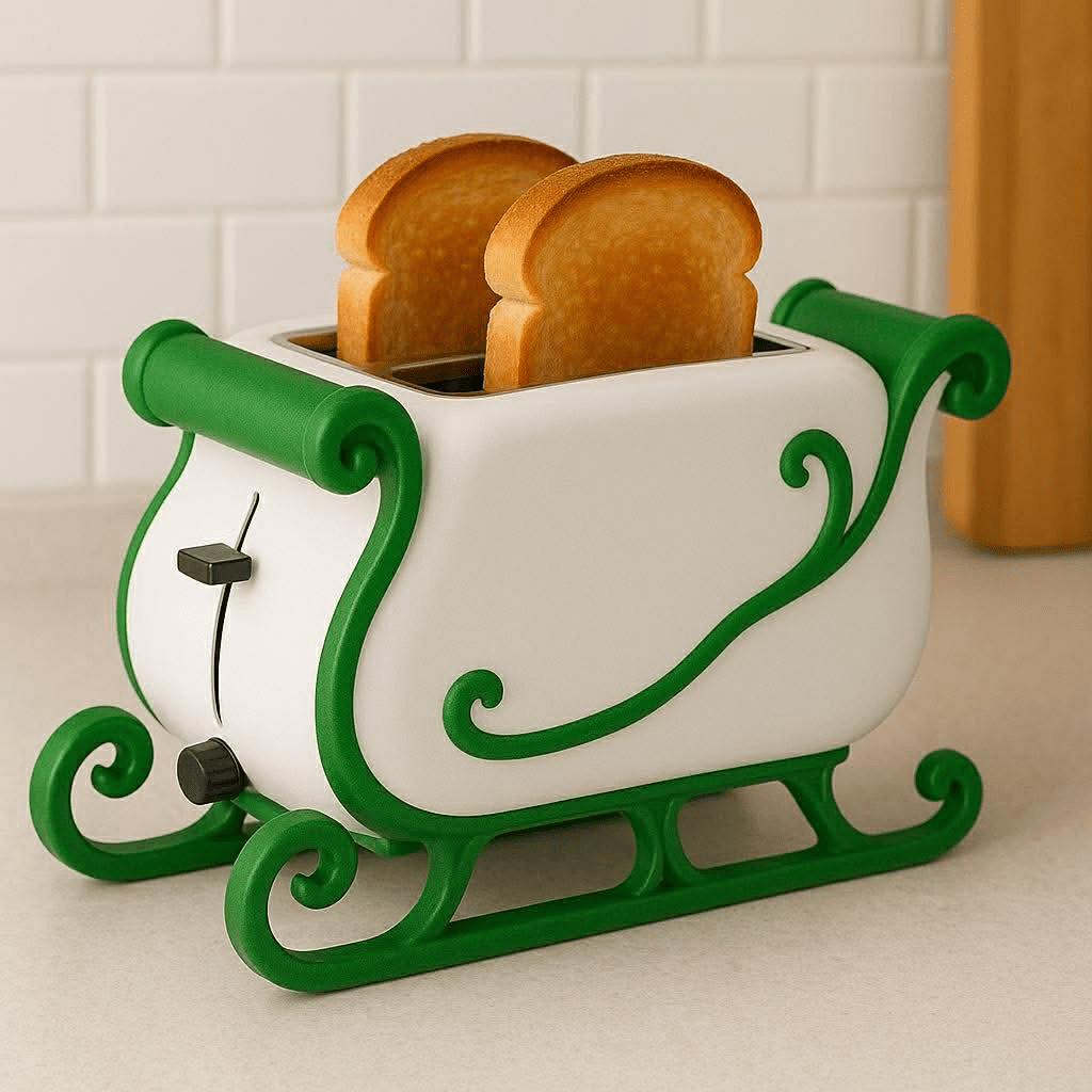 A white sleigh-shaped Christmas toaster with green decorative edging, holding two slices of toast on a countertop.