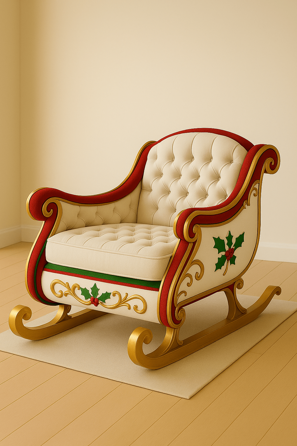 Cream festive chair with red trim, gold swirls, and holly details