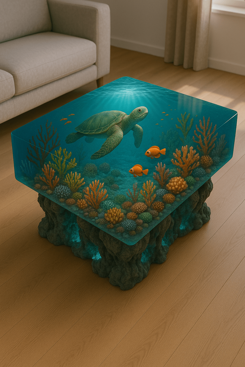 Resin coffee table with a sea turtle swimming above colourful coral formations in clear blue water.