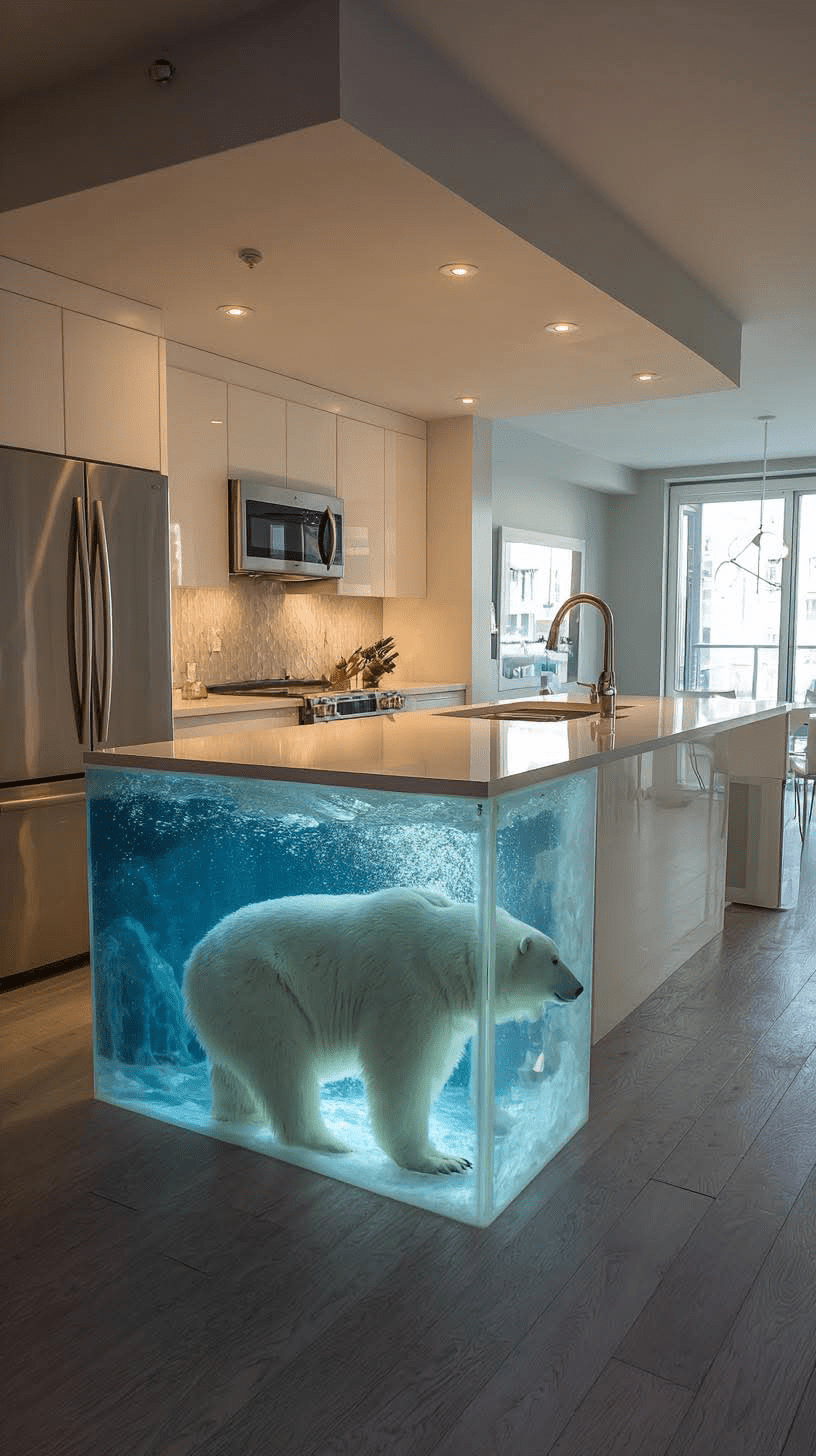 Modern kitchen island with a polar bear design encased in illuminated icy resin.