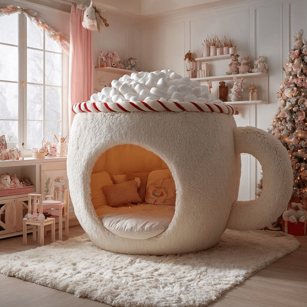 Large plush hot chocolate mug-shaped lounger with marshmallow-style top and cosy interior cushions.
