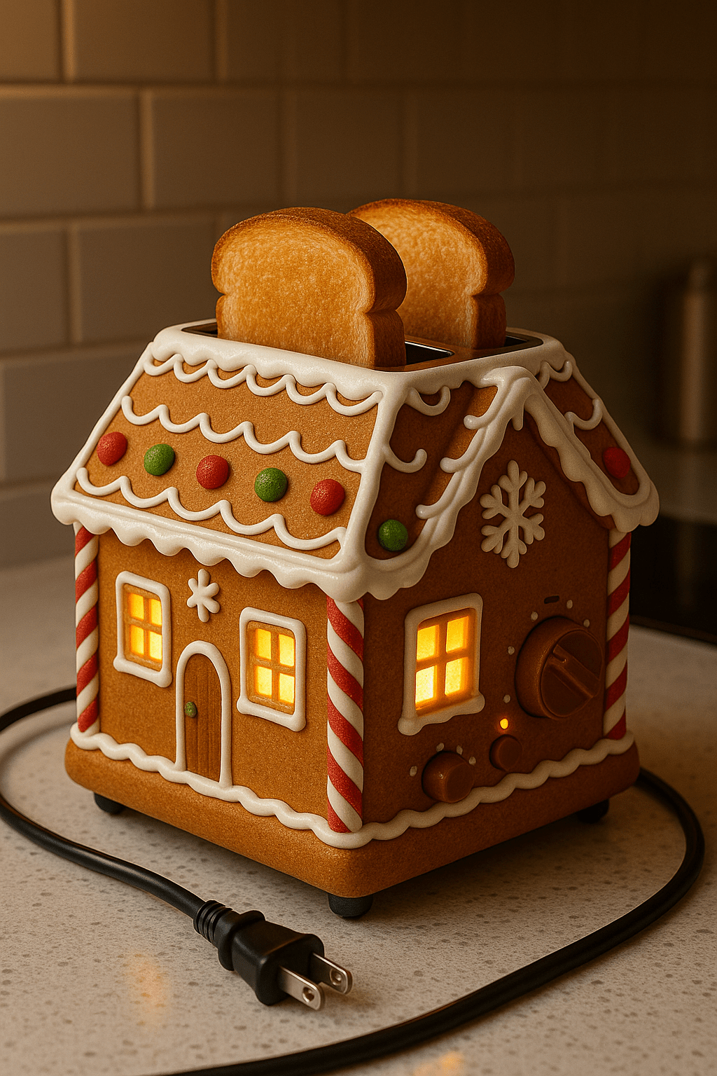 Christmas gingerbread house toaster with candy cane stripes and festive detailing