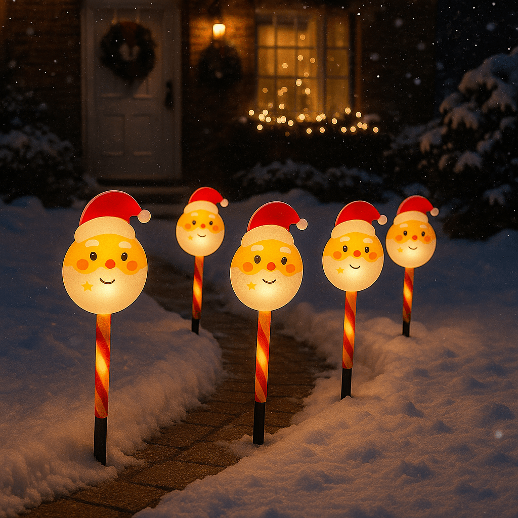 Illuminated Santa face pathway lights lining a snowy garden path at night