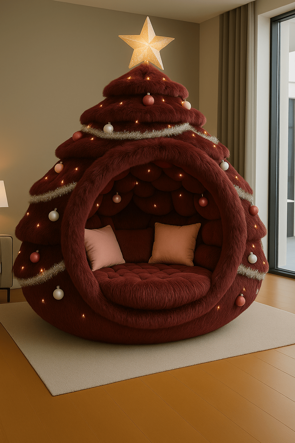 Deep red Christmas tree-shaped armchair with glowing lights and soft cushions in a modern interior.