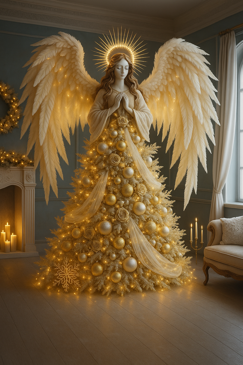 Gold angel Christmas tree featuring illuminated wings and luxurious festive décor