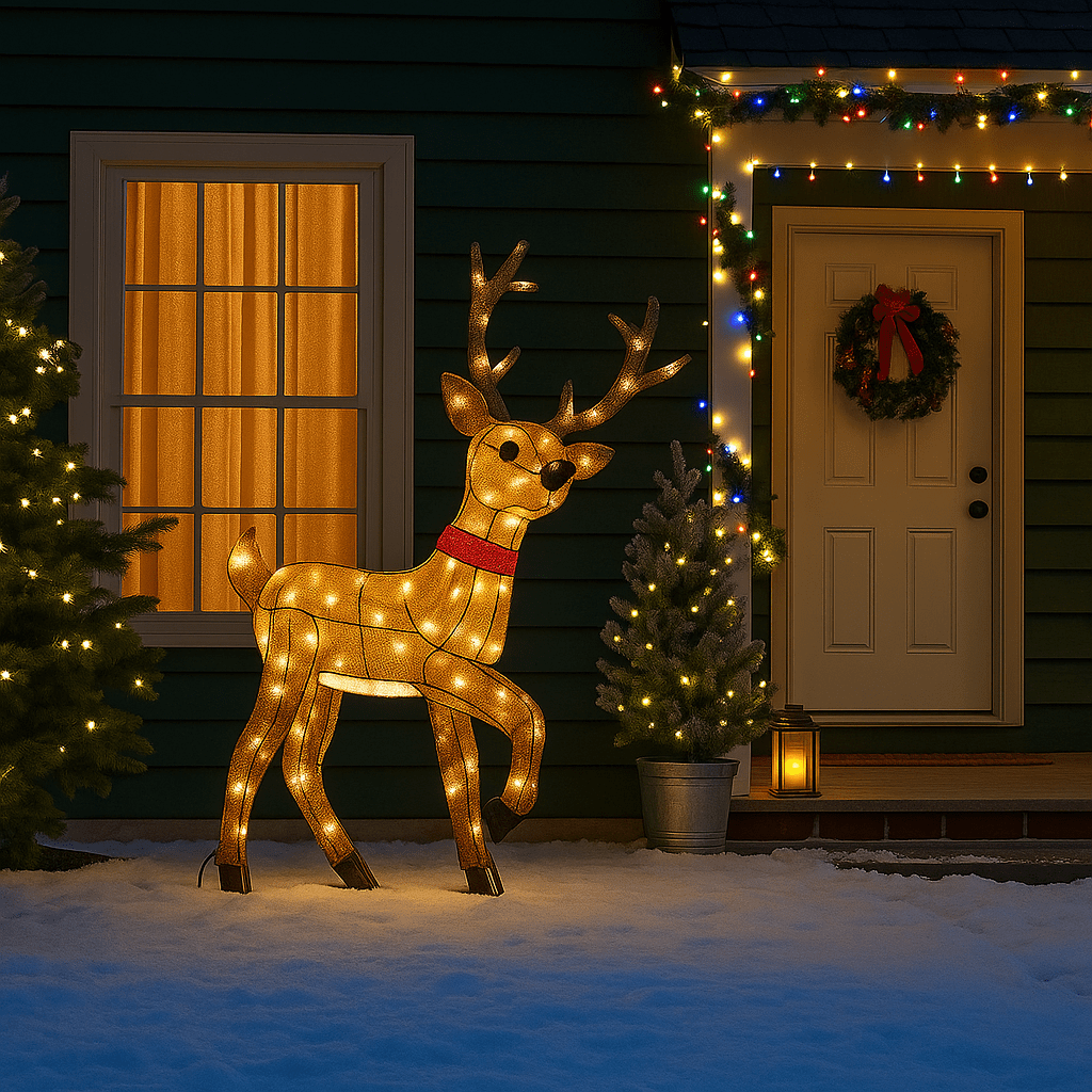 Light-up reindeer sculpture beside a decorated porch with snow and festive garlands.