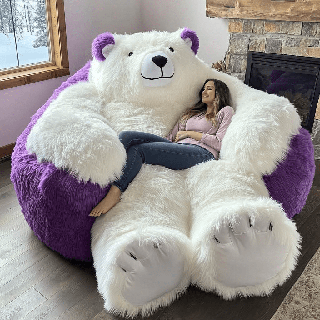 Woman relaxing on a giant purple and white polar bear armchair in a modern living space.
