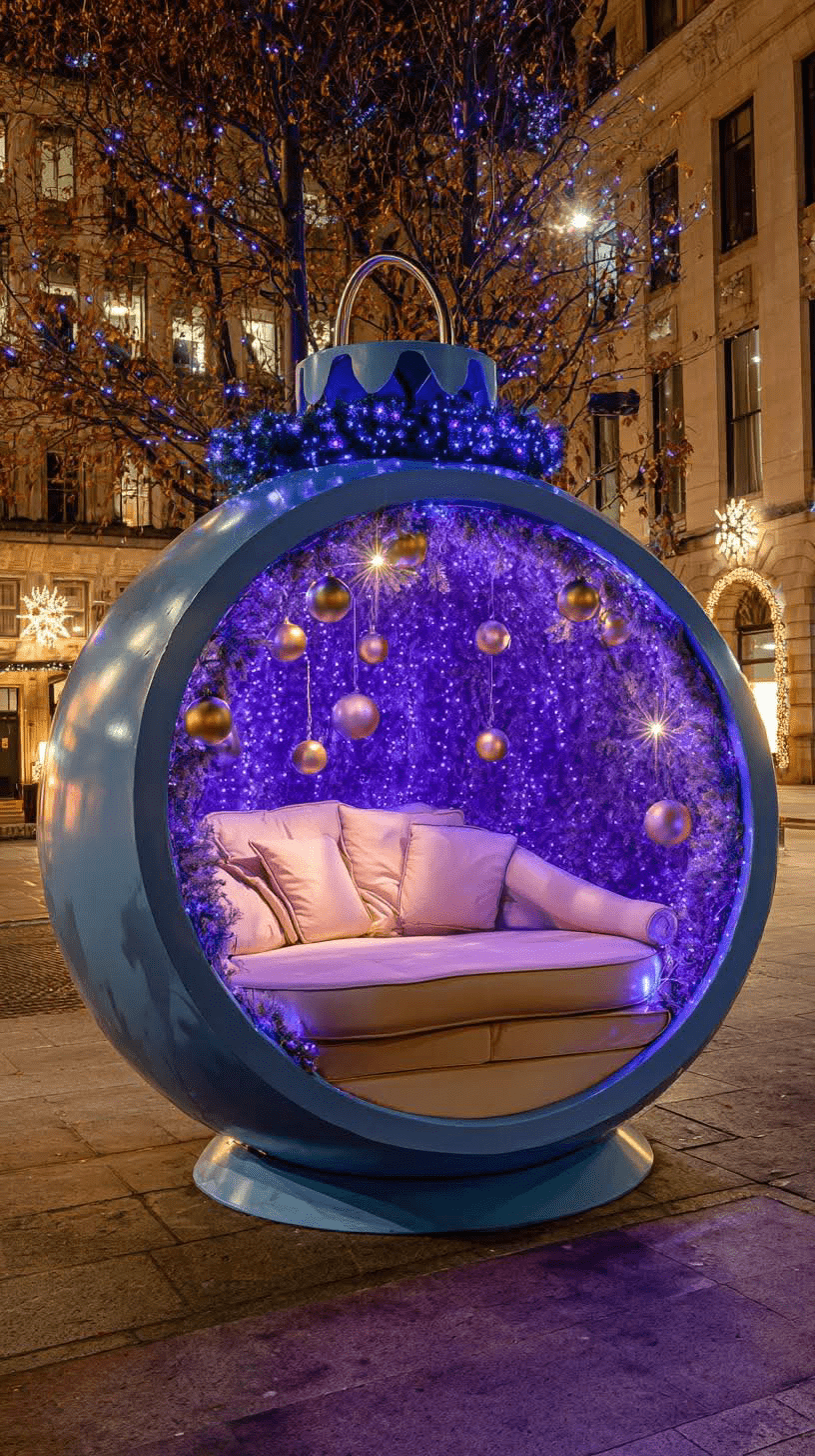Blue bauble lounger illuminated with purple LEDs and decorated with hanging festive baubles.