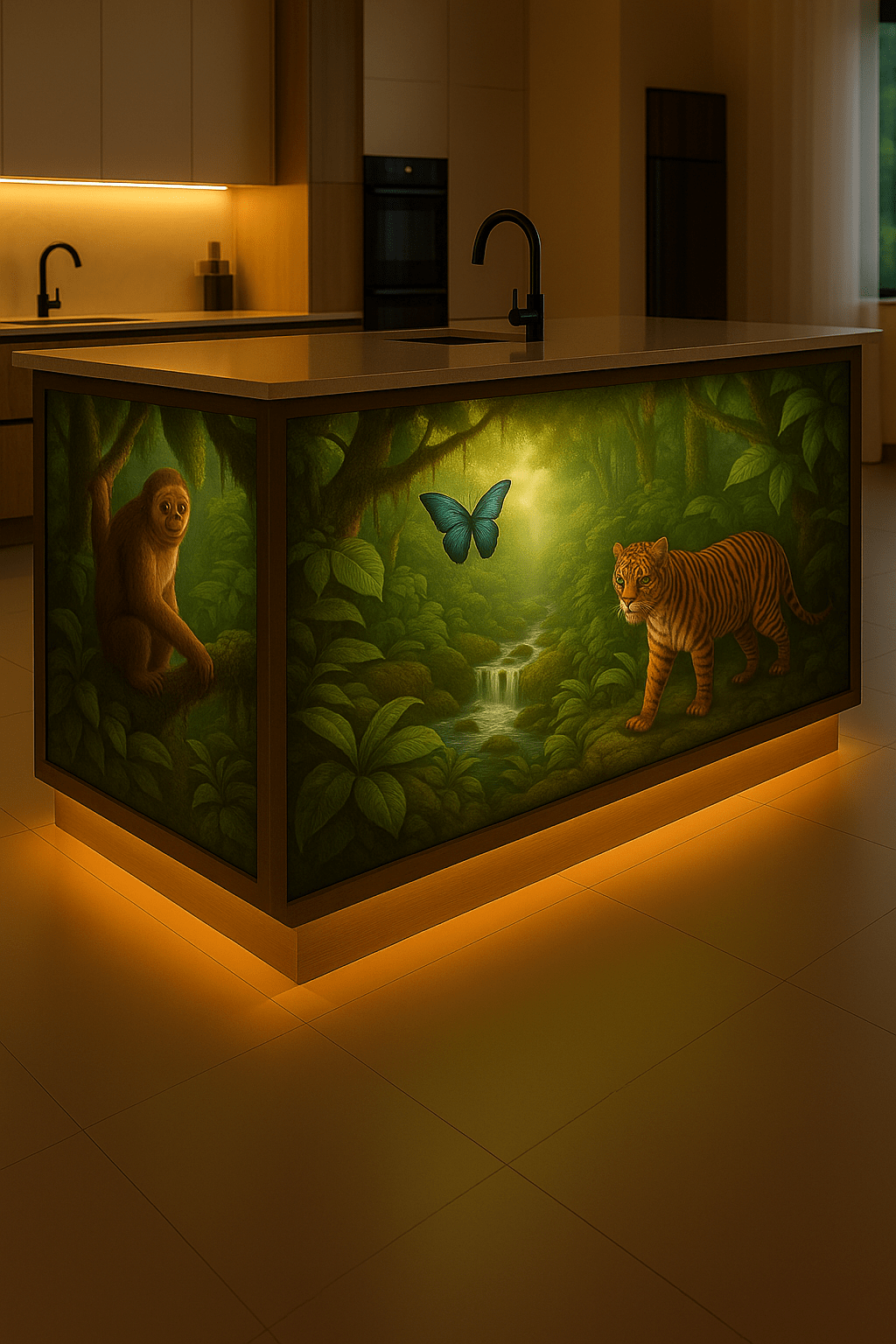 Exotic island with leopard, parrot, frog, and waterfall backdrop