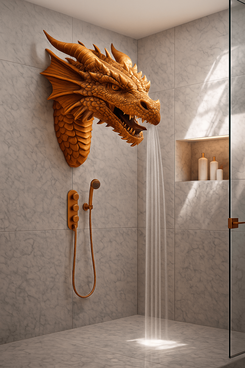 Golden dragon shower head releasing a waterfall stream against marble wall tiles.