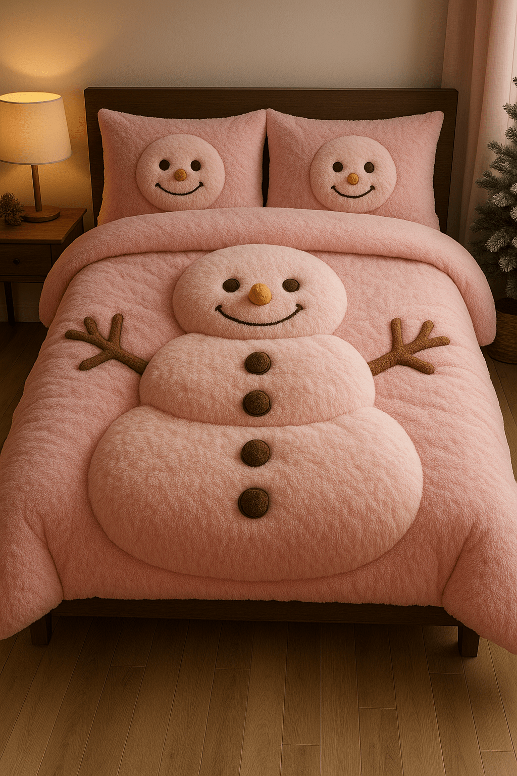 Soft pink snowman-themed bedding set with raised snowman character and matching smiling pillows.