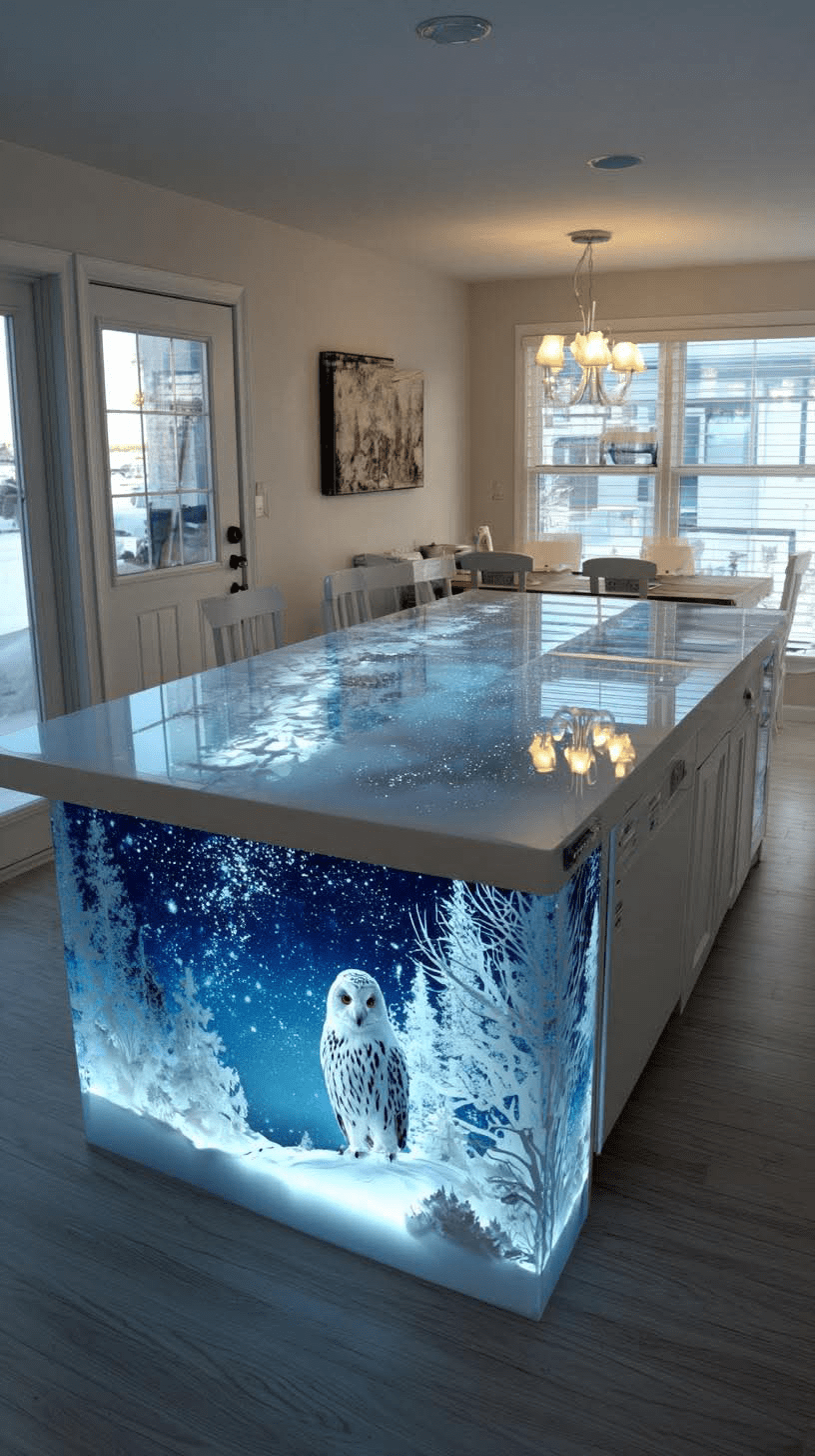Winter-themed kitchen island with a glowing snowy owl surrounded by frosted trees and blue lighting.