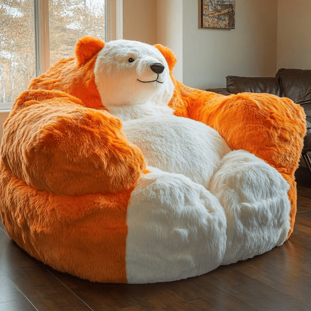 Giant orange and white polar bear armchair in a warm, naturally lit room.
