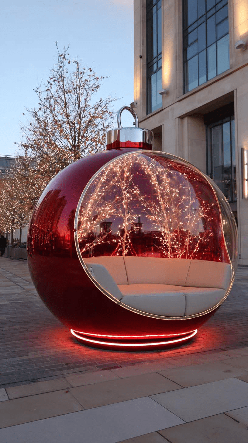 Red Christmas bauble lounger with glowing warm lights and cosy seating in an outdoor winter setting.