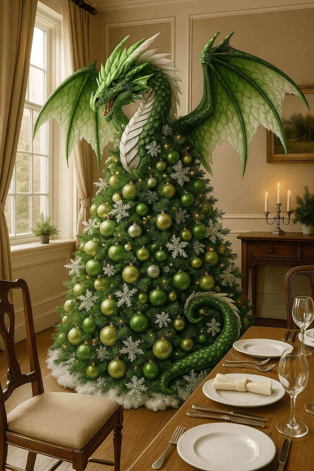 Green dragon Christmas tree with gold and green baubles in a dining room setting