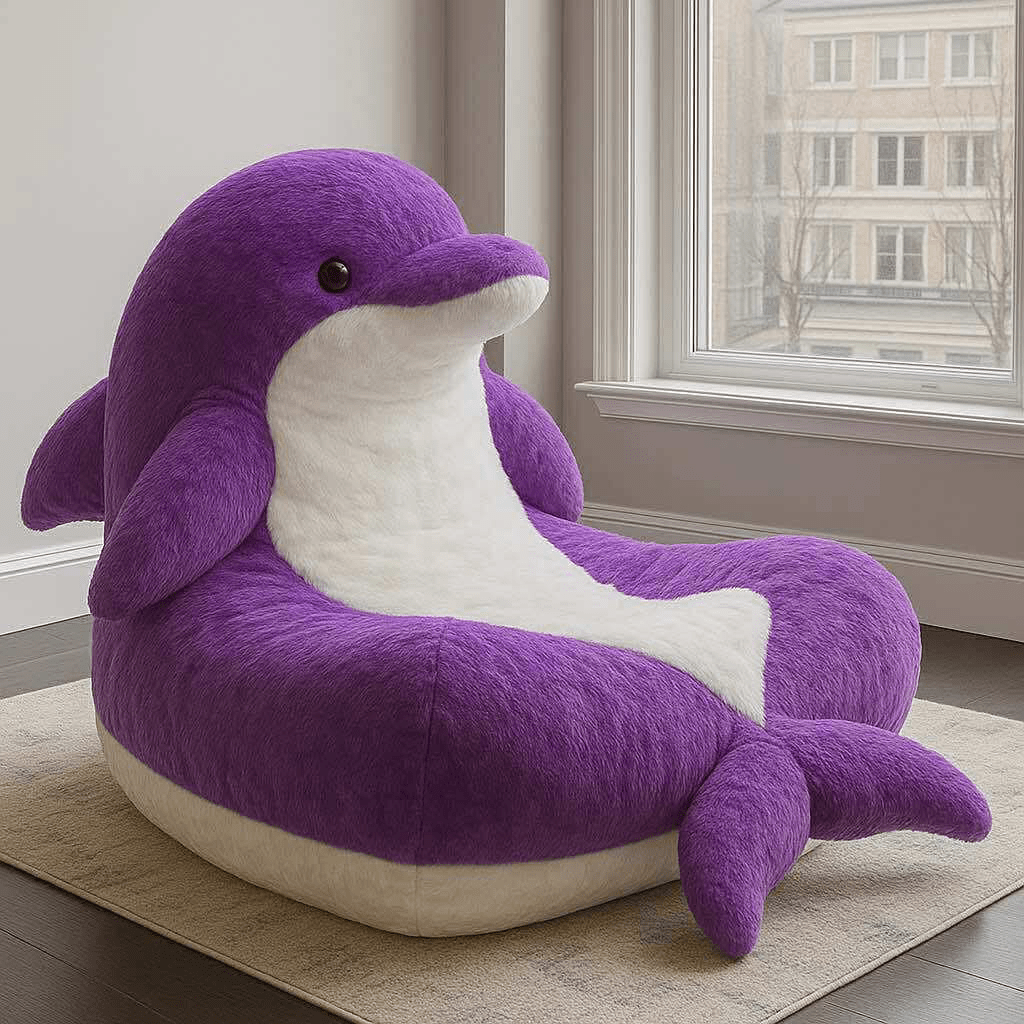 Deep purple dolphin-themed armchair with a soft white underside placed in a stylish home setting