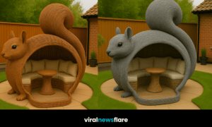 Collection of giant squirrel-shaped garden pods in various colours displayed in modern garden setting