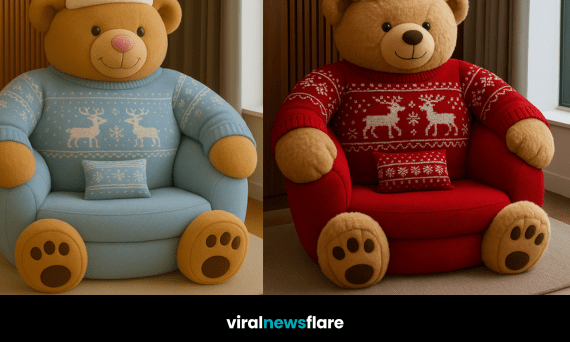 Cosy Christmas teddy bear armchairs in red, pink, green, and blue designs with festive jumpers