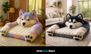 Oversized husky shaped plush lounger chair designed as statement seating for modern cosy interiors