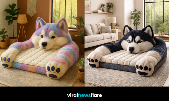 Oversized husky shaped plush lounger chair designed as statement seating for modern cosy interiors