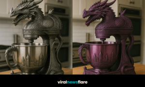 Fantasy dragon stand mixer in metallic finish with castle-themed mixing bowl